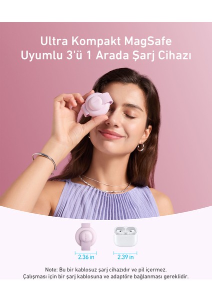 UFO MagGo Kablosuz Şarj Cihazı (3'ü 1 Arada, Katlanabilir Ped) - Pembe - B25M8 (Anker Türkiye Garantili) modelleri