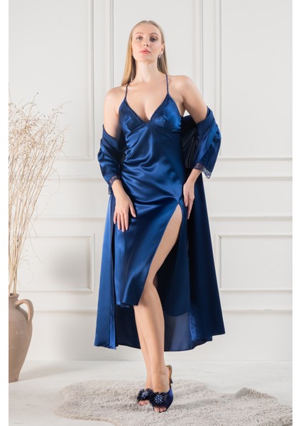 Kadın Güpür Dantel ve Sırt Detaylı Uzun Saten Çeyizlik Ikili Gecelik Sabahlık Takımı