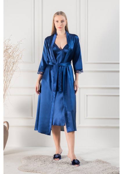 Kadın Güpür Dantel ve Sırt Detaylı Uzun Saten Çeyizlik Ikili Gecelik Sabahlık Takımı fiyatları