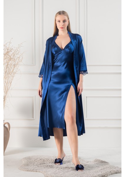 Kadın Güpür Dantel ve Sırt Detaylı Uzun Saten Çeyizlik Ikili Gecelik Sabahlık Takımı fırsatları