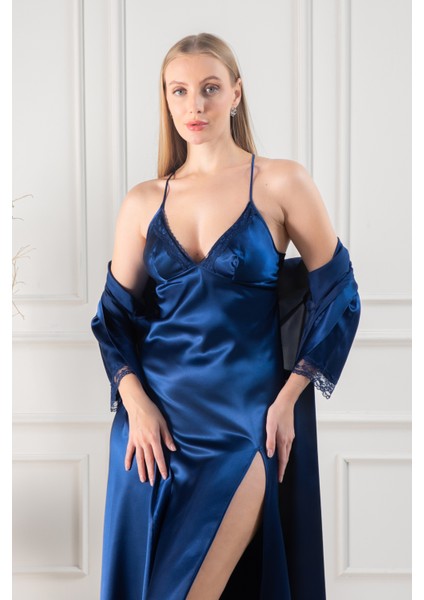 Kadın Güpür Dantel ve Sırt Detaylı Uzun Saten Çeyizlik Ikili Gecelik Sabahlık Takımı indirimleri