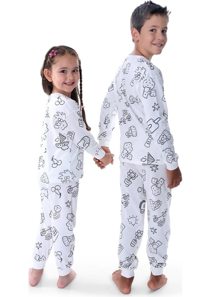 Boyanabilir Pijama Takımı + Özel Boya Kalemi Hediyeli ( Kız/erkek Çocuk Uzun Kollu Pijama)