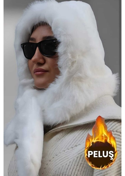 Kadın Suni Kürklü Boyun Bağlamalı Atkılı Peluş Şapka