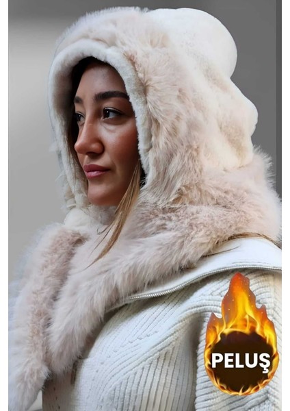 Kadın Suni Kürklü Boyun Bağlamalı Atkılı Peluş Şapka