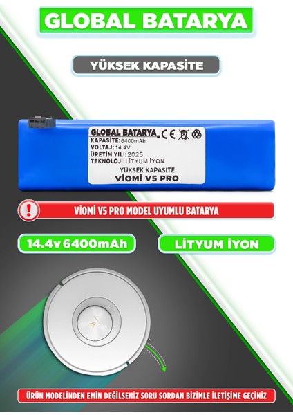 Viomi V5 Pro Uyumlu Akıllı Robot Süpürge Bataryası 14.4v 6400mAh li-ion Pil (Yüksek Kapasite)