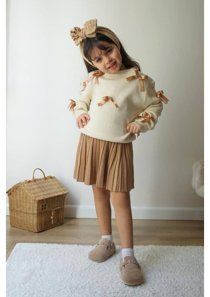 Fiyonklu Pileli Etekli Triko Kız Çocuk takım - Kahverengi fiyatları