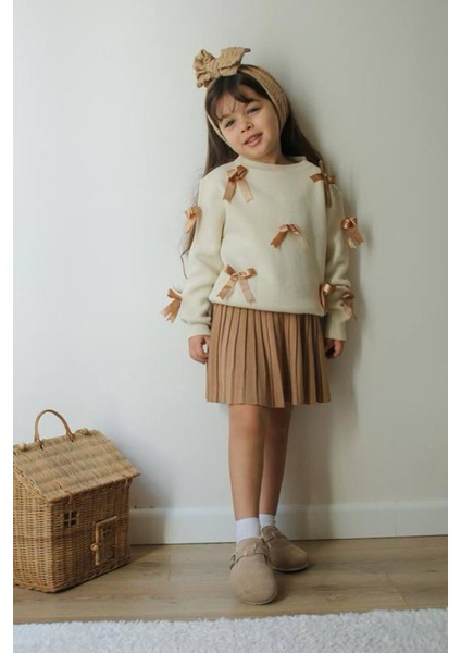 Fiyonklu Pileli Etekli Triko Kız Çocuk takım - Kahverengi modelleri