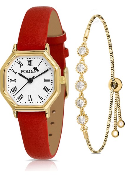 Geometrik Kasa Deri Kordon Kadın Kol Saati Zirkon Taşlı 5 Taş Bileklik Kırmızı-Gold PL-1483B9
