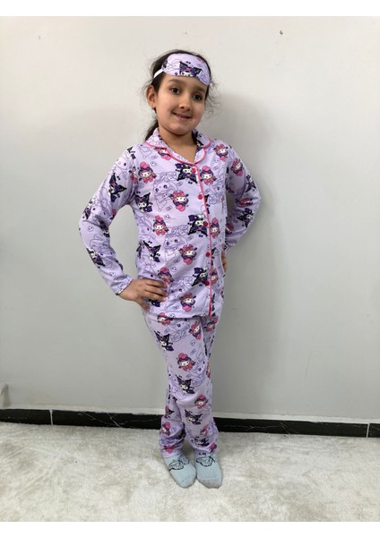 Pjkö Kuromi ve Arkadaşları Desenli Lila Uzun Kollu Önden Düğmeli Kız Çocuk Pijama Takımı 4-12 Yaş 539U-L