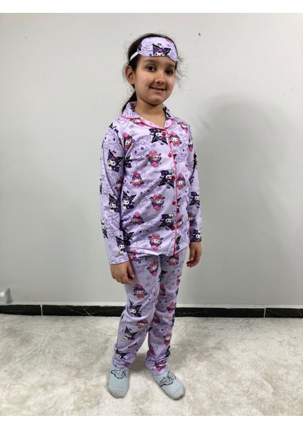 Pjkö Kuromi ve Arkadaşları Desenli Lila Uzun Kollu Önden Düğmeli Kız Çocuk Pijama Takımı 4-12 Yaş 539U-L