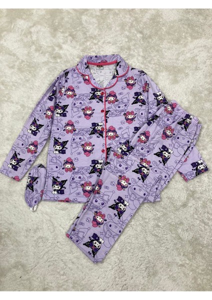 Pjkö Kuromi ve Arkadaşları Desenli Lila Uzun Kollu Önden Düğmeli Kız Çocuk Pijama Takımı 4-12 Yaş 539U-L