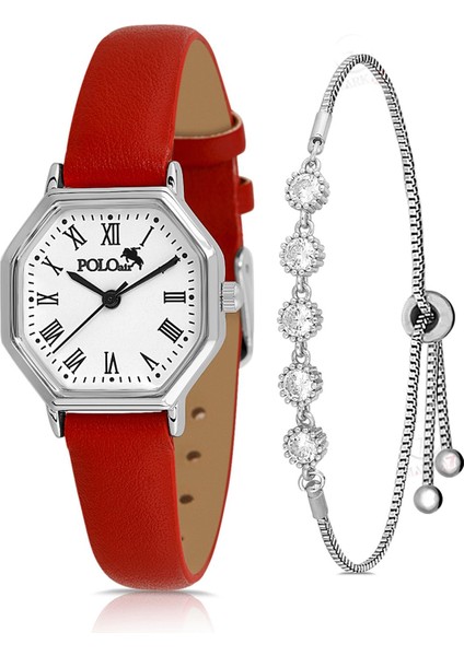 Geometrik Kasa Deri Kordon Kadın Kol Saati Zirkon Taşlı 5 Taş Bileklik Kırmızı-Gümüş PL-1483B4
