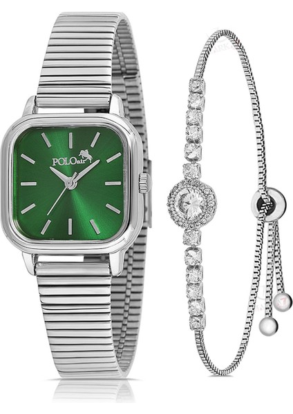 Vintage Kadın Kol Saati Zirkon Taşlı Lüx Bileklik Hediyelik Kombin Gümüş Yeşil PL-1505B6