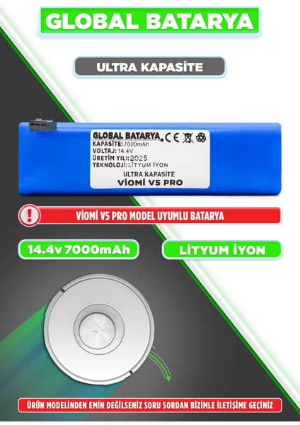 Viomi V5 Pro Uyumlu Akıllı Robot Süpürge Bataryası 14.4V 7000MAH Pil (Ultra Kapasite)