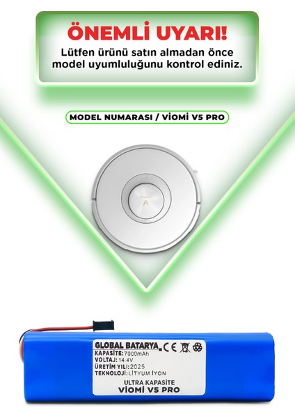 Viomi V5 Pro Uyumlu Akıllı Robot Süpürge Bataryası 14.4V 7000MAH Pil (Ultra Kapasite)