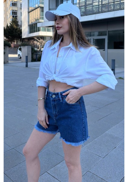 Kadın Laci Püsküllü Paça, Yüksek Bel, Rahat Denim-Kot Şort