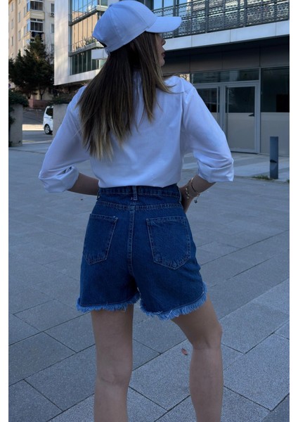 Kadın Laci Püsküllü Paça, Yüksek Bel, Rahat Denim-Kot Şort