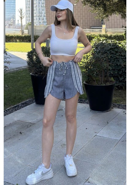 Kadın Laci Beli Lastikli ve Bağcıklı, Color Block Kat Kumaşlı Tasarım, Keten Şort