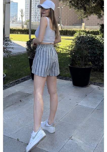 Kadın Laci Beli Lastikli ve Bağcıklı, Color Block Kat Kumaşlı Tasarım, Keten Şort