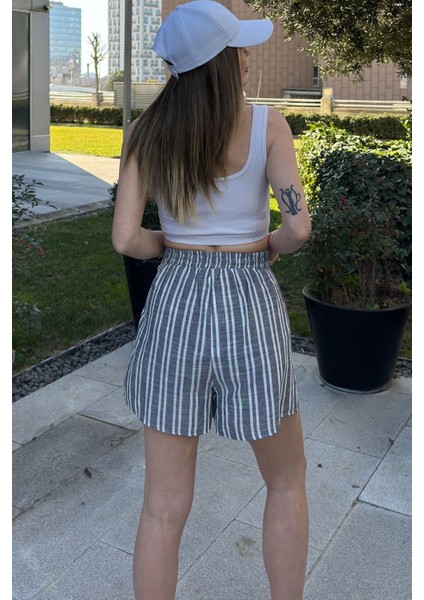 Kadın Laci Beli Lastikli ve Bağcıklı, Color Block Kat Kumaşlı Tasarım, Keten Şort