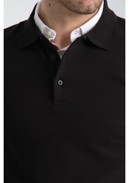 Ottoman Erkek Siyah Regular Fit Pamuk Karışımlı Kalın Kumaş Polo Yaka Sweatshirt