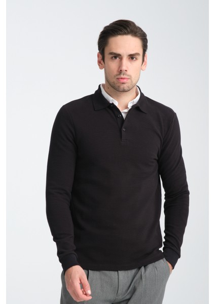 Ottoman Erkek Siyah Regular Fit Pamuk Karışımlı Kalın Kumaş Polo Yaka Sweatshirt