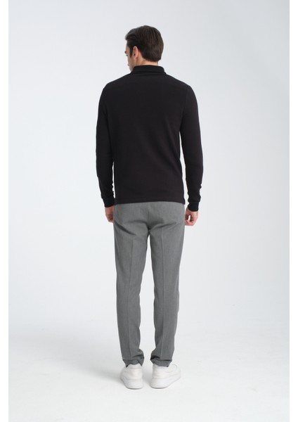 Ottoman Erkek Siyah Regular Fit Pamuk Karışımlı Kalın Kumaş Polo Yaka Sweatshirt