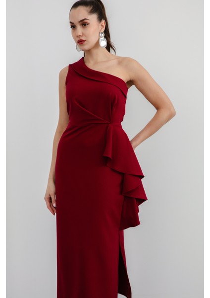 Kadın Bordo Tek Omuz Fırfırlı Midi Elbise fiyatları