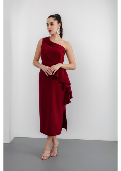 Kadın Bordo Tek Omuz Fırfırlı Midi Elbise modelleri