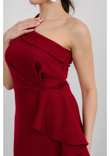 Kadın Bordo Tek Omuz Fırfırlı Midi Elbise fırsatları