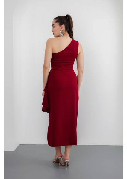 Kadın Bordo Tek Omuz Fırfırlı Midi Elbise indirimleri