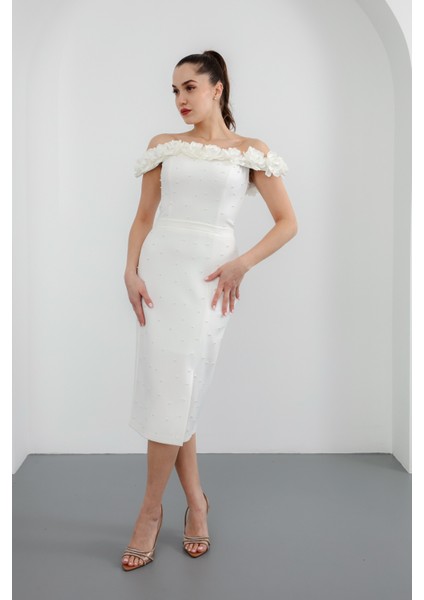 Kadın Beyaz Yakası Çiçekli Incili Söz Nişan Nikah Abiye Elbise