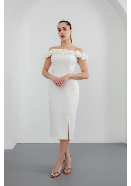 Kadın Beyaz Yakası Çiçekli Incili Söz Nişan Nikah Abiye Elbise fiyatları
