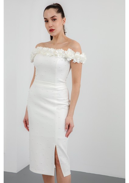 Kadın Beyaz Yakası Çiçekli Incili Söz Nişan Nikah Abiye Elbise modelleri