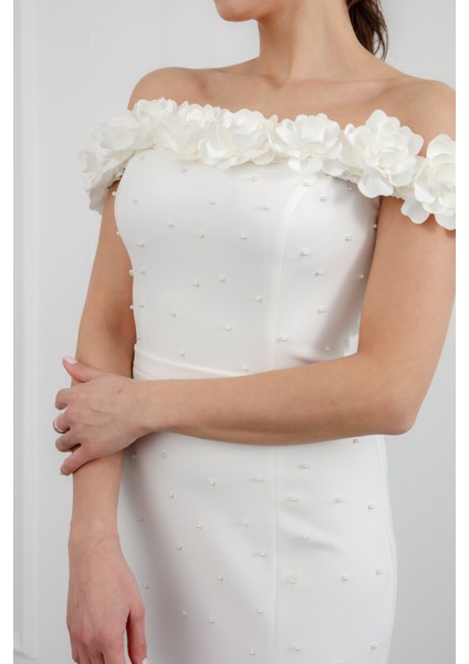 Kadın Beyaz Yakası Çiçekli Incili Söz Nişan Nikah Abiye Elbise fırsatları