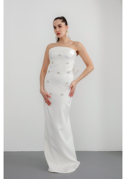 Kadın Beyaz Straplez Taşlı Söz Nişan Nikah Abiye Elbise