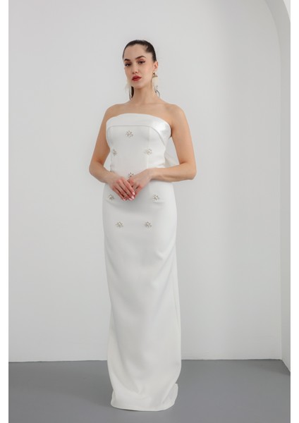 Kadın Beyaz Straplez Taşlı Söz Nişan Nikah Abiye Elbise fiyatları
