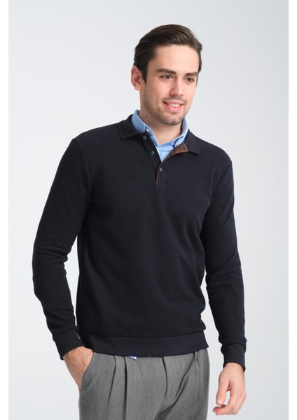 Joyson Erkek Lacivert Regular Fit Pamuk Karışımlı Kalın Kumaş Polo Yaka Sweatshirt