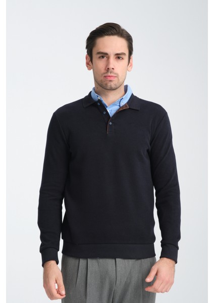 Joyson Erkek Lacivert Regular Fit Pamuk Karışımlı Kalın Kumaş Polo Yaka Sweatshirt