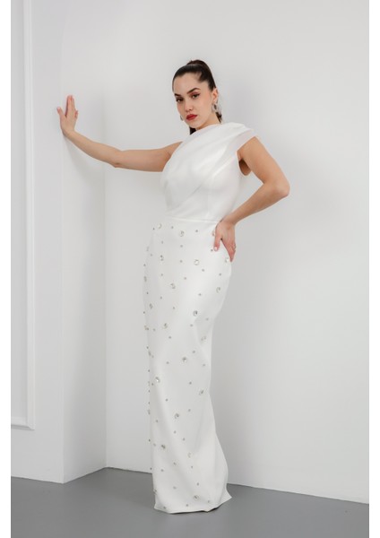 Kadın Beyaz Tek Omuz Taşlı Söz Nişan Nikah Abiye Elbise