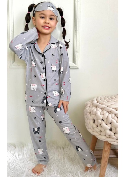 Pjkö Kedicik Desenli Gri Uzun Kollu Önden Düğmeli Kız Çocuk Pijama Takımı 4-12 Yaş 540U-L