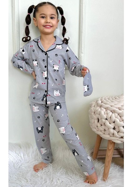 Pjkö Kedicik Desenli Gri Uzun Kollu Önden Düğmeli Kız Çocuk Pijama Takımı 4-12 Yaş 540U-L