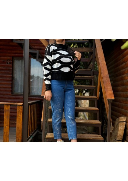 Butik Nis Varak Desenli Mavi 90's Yüksek Bel Mom Jean Kot Pantolon