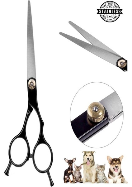 Siyah 7 Inç Küt Uçlu Düz Köpek Tıraş Tüy Kesim Makası Çelik Kuyruklu Mat Çelik Makas Petshop DH507C