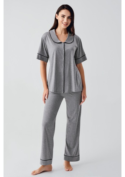 Bebe Yaka Düğmeli Kısa Kollu Esnek Viskoz Pijama Takım