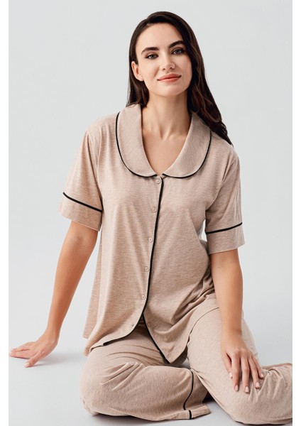 Bebe Yaka Düğmeli Kısa Kollu Esnek Viskoz Pijama Takım modelleri