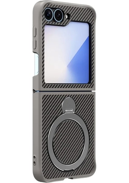 Samsung Galaxy Z Flip6 Kılıf Karbon Fiber Magsafeli 360 Dönerli Standlı Alp Kapak