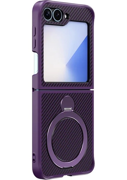 Samsung Galaxy Z Flip6 Kılıf Karbon Fiber Magsafeli 360 Dönerli Standlı Alp Kapak