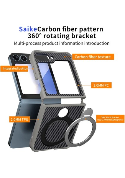 Samsung Galaxy Z Flip6 Kılıf Karbon Fiber Magsafeli 360 Dönerli Standlı Alp Kapak