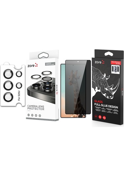 Galaxy S25 Ultra Zore Rika Premium Privacy Temperli Cam Ekran Koruyucu + Zore CL-12 Safir Anti-Reflective Kamera Lens Koruyucu
